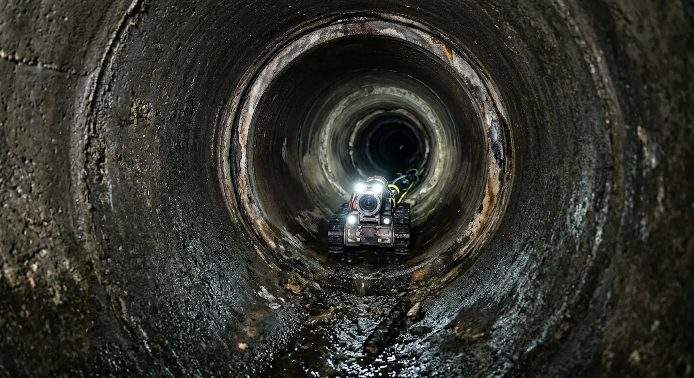 Robotic sewer camera inspecting pipe interior for Sewer Line Cleaning in Charlton