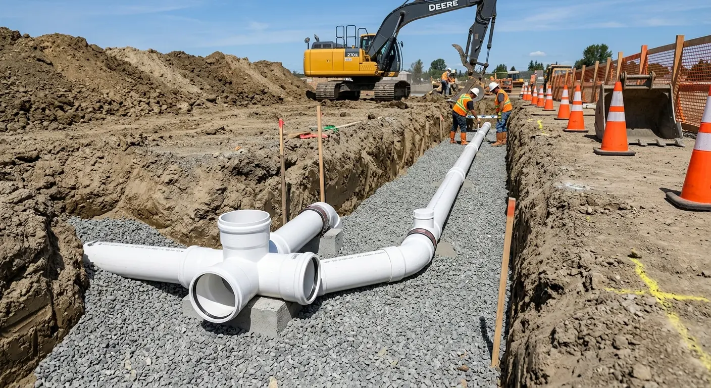 New PVC sewer pipe installation in open trench for Sewer Backup in Charlton