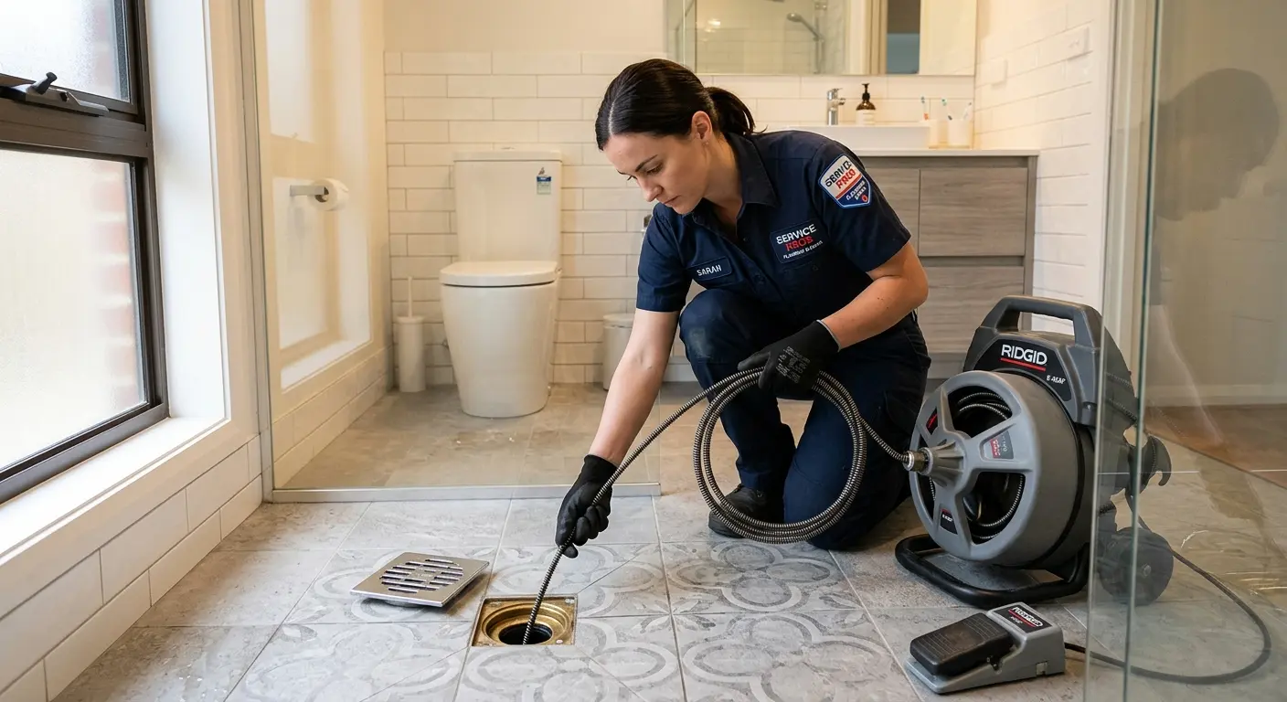 Technician clearing a bathroom floor drain for Clogged Drain Repair in Charlton